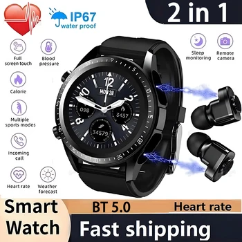 Смарт-часы TWS 2 В 1 Беспроводная связь Bluetooth с двумя наушниками Мобильный Фитнес Спортивные умные часы Монитор сна шагомер
