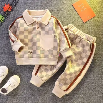 Осенний костюм для мальчиков и девочек, новый детский свитер-поло с воротником-стойкой, штаны, комплект из 2 предметов, весенне-осенняя одежда для малышей