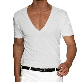 Мужская футболка с коротким рукавом, глубокий V-образный вырез, футболки для фитнеса, бодибилдинга, топы, тонкая мужская летняя одежда