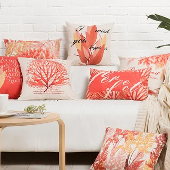 Красная льняная наволочка с цветочным рисунком, листья цветочных растений, наволочка для домашнего декора, подушка для офиса, кофе, домашние диванные подушки