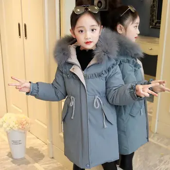Пальто для девочек-подростков 4-14 лет, зимняя плюс бархатная теплая ветровка, куртка-парка, зимний комбинезон, модная детская верхняя одежда с капюшоном
