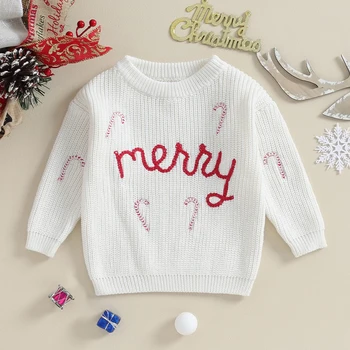 Детские рождественские свитера, милый вязаный пуловер с вышивкой из конфетного тростника с длинным рукавом, топы для младенцев