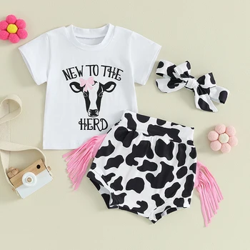 Летняя одежда для новорожденных девочек, футболка в западном стиле с коротким рукавом, шорты с коровьим принтом, повязка на голову с кисточками, комплект из 3 предметов