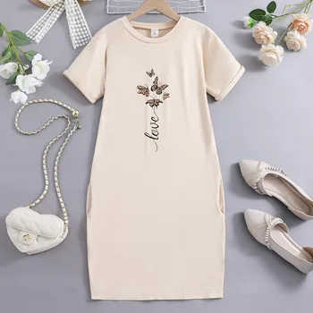 Летнее Новое поступление 2024 года, Дизайнерское Милое праздничное платье принцессы цвета хаки с коротким рукавом и принтом бабочки для девочек от 8 до 12 лет