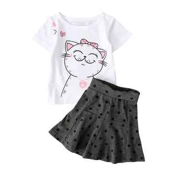 летняя одежда для маленьких девочек, Летние детские футболки с принтом кота для маленьких девочек, топы, юбка-пачка в горошек, Одежда из 2 предметов, США