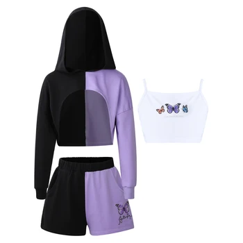 Спортивная одежда для девочек из 3 предметов, укороченная толстовка с длинным рукавом, спортивный костюм с майкой и шортами, осенняя одежда, костюмы для танцевальных выступлений