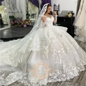 Великолепное бальное платье с кружевной аппликацией, свадебные платья С длинным рукавом и V-образным вырезом, Слои с рюшами, Свадебное платье со шлейфом, Vestidos De Novia