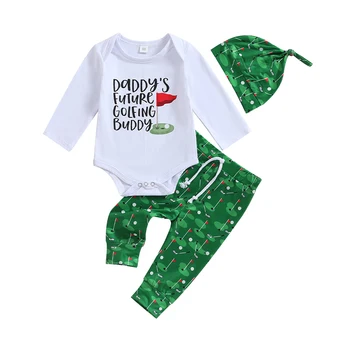 Осенний наряд для новорожденных мальчиков и девочек, комбинезон с длинными рукавами, зеленые брюки с принтом, шляпа, Осенний комплект одежды