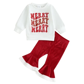Комплект одежды с расклешенными брюками для маленьких девочек, комбинезон с надписью Санта, толстовка, расклешенные брюки, Рождественский наряд на День Святого Валентина для малышей