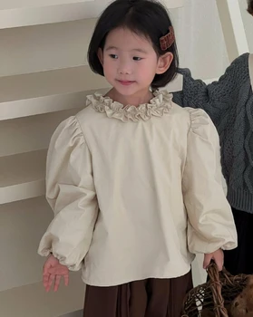 Блузки Корейская детская одежда Зимняя Новая рубашка для девочек С цветочным воротником Универсальная Корейская плюшевая рубашка Soild 2023 Active