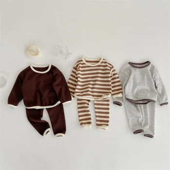 Весенне-осенние комплекты детской одежды Для младенцев, детская Милая толстовка в полоску, детский хлопковый топ + брюки, 2 шт.