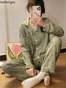 Пижамные комплекты, женские осенние пижамы с принтом, Нежный Корейский стиль, эстетичный, повседневный, мягкий, универсальный, Прекрасный, для студенческой гостиной, шикарный, девичий