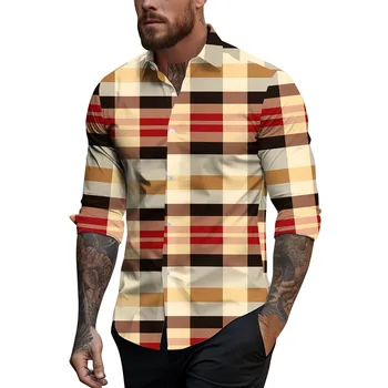 Мужская весенне-летняя повседневная мужская рубашка в клетку с отворотом и длинным рукавом, мужской топ, мужская роскошная футболка, одежда для мужчин 2024 г.