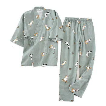Женское кимоно, пижама, домашняя одежда, костюм с рисунком кота, длинные брюки, одежда для сна, весенне-летняя женская пижама для женщин