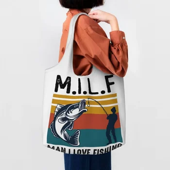 Многоразовая хозяйственная сумка Milf Man I Love Fishing Женская наплечная холщовая сумка-тоут Портативные продуктовые сумки для покупок Сумки