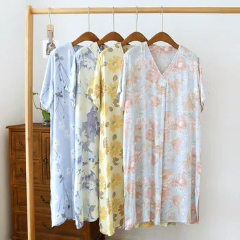 Ночная рубашка из вискозы для женщин, летнее тонкое платье для сна с V-образным вырезом, короткие рукава, домашняя одежда с цветочным принтом, свободная пижама, ночная рубашка