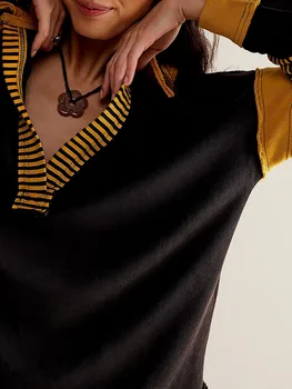 Женская толстовка оверсайз с отворотом и воротником, Полосатая рубашка с длинным рукавом и V-образным вырезом, Мешковатый пуловер в стиле пэчворк в цветном блоке.