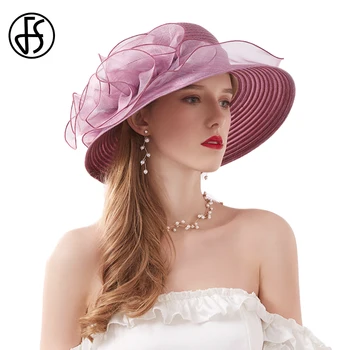 Женские шляпы FS Flower Fascinator, фиолетово-розовое свадебное платье, винтажная женская шляпа Sinamay, платья в стиле Кентукки с широкими полями, фетровая шляпа