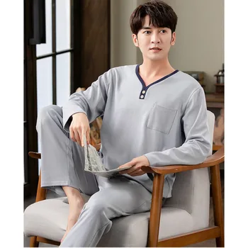 Весенне-осенний мужской хлопковый пижамный комплект, модный повседневный полосатый пижамный костюм в стиле пэчворк, Домашняя одежда, свободный пижамный комплект