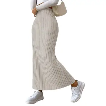 Однотонная длинная юбка с разрезом по бокам в полоску, вязаная юбка макси с высокой талией для женщин, плотная теплая юбка-футляр приталенного кроя длиной до щиколоток