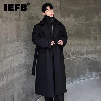 IEFB Корейское Новое Модное Мужское Шерстяное пальто Из Поддельных Двух частей в стиле Пэчворк На молнии Мужская Верхняя Одежда Длиной до колена 2023 Winte Trend 9C3582