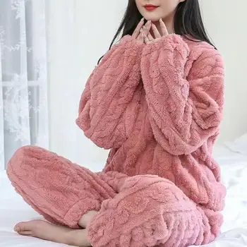 1 комплект женской пижамы, комплект из 2 предметов, теплый плюшевый пуловер и брюки для осенне-зимней домашней одежды