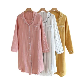Женская ночная рубашка с длинными рукавами, Хлопковая Рубашка в Полоску Средней длины Большого размера, Ночное платье на пуговицах, Пижамы, Женская Домашняя Ночная рубашка