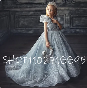 Роскошные платья с цветочным узором для девочек 2023 года, детское свадебное платье с кружевным тюлем и круглым вырезом, платья принцессы для девочек со шлейфом трапециевидной формы