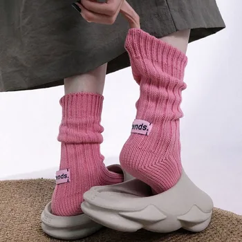 Вязаные носки средней длины в стиле ретро, розовая этикетка, однотонные весенне-осенне-зимние теплые носки, домашние толстые нитки из хлопка средней длины, иглы
