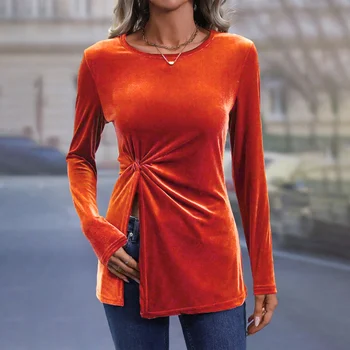 Женская модная тонкая футболка с длинным рукавом, круглым вырезом, скрученным разрезом, однотонные облегающие женские осенние топы, уличная одежда