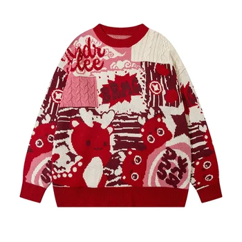 Новогодний забавный вязаный пуловер с круглым вырезом в нейтральном стиле с мультяшной парой, забавный свитер с мультяшным человечком-драконом