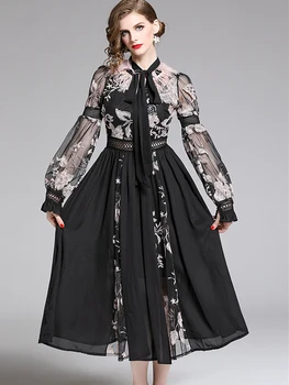 Высококачественное темпераментное Элегантное кружевное платье с вышивкой, весеннее женское винтажное модное повседневное платье трапециевидной формы с галстуком-бабочкой