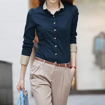Весенняя новая контрастная рубашка в стиле пэчворк, топы, поло с длинным рукавом, Тонкая универсальная блузка, Элегантная модная женская одежда Z316