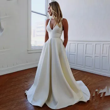 Простые свадебные платья трапециевидной формы из атласа с V-образным вырезом, сшитые на заказ, Вечерние платья для новобрачных 2024 Vestido De Noival
