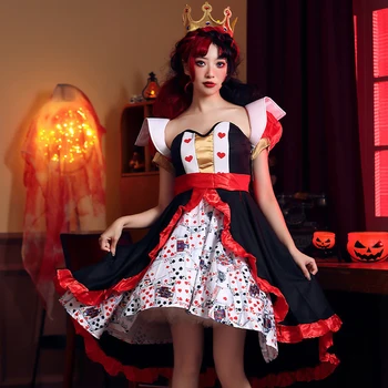 Женские костюмы на Хэллоуин, Модная юбка с принтом в виде покера, Элегантная юбка для выступлений в роли королевы, сексуальное платье для косплея, костюм с короной и поясом.