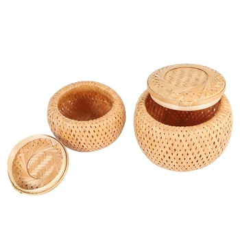 Набор из 2 небольших декоративных бамбуковых корзинок с крышкой Для хранения мелочей Ручной работы и плетеной бамбуковой коробки для хранения