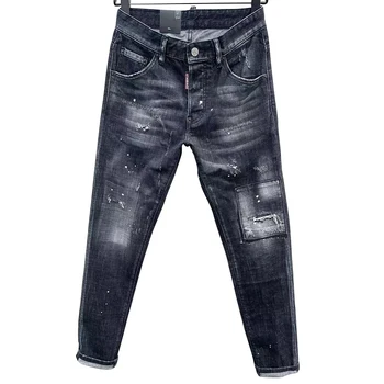 Итальянский дизайн chareihar dsq c017, мужские джинсы, Квадратная черная стирка, микроэластичная маленькая ножка, рваные, приталенные всесезонные брюки для мужчин